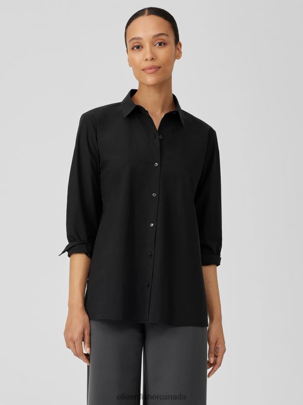 EILEEN FISHER Washed Organic Cotton Poplin Shirt Easy Fit Long Length Women BLACK Clothing 024FN191