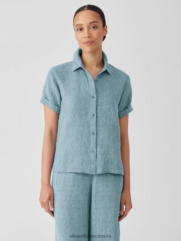 EILEEN FISHER Washed Organic Linen DelaveShort-Sleeve Shirt Easy Fit Basic Length Women FIELD Clothing 024FN105