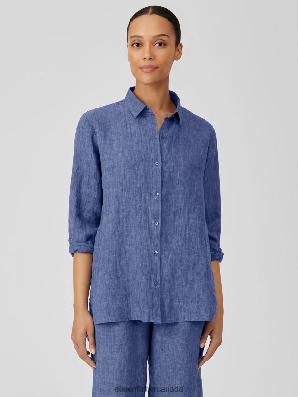 EILEEN FISHER Washed Organic Linen Delave Classic Collar Shirt Easy Fit Long Length Women BLUEBERRY Clothing 024FN103