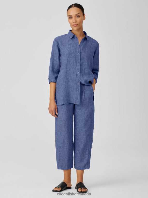 EILEEN FISHER Washed Organic Linen Delave Classic Collar Shirt Easy Fit Long Length Women BLUEBERRY Clothing 024FN103