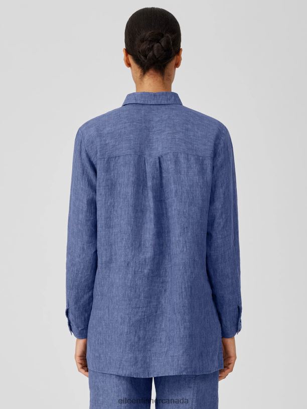 EILEEN FISHER Washed Organic Linen Delave Classic Collar Shirt Easy Fit Long Length Women BLUEBERRY Clothing 024FN103