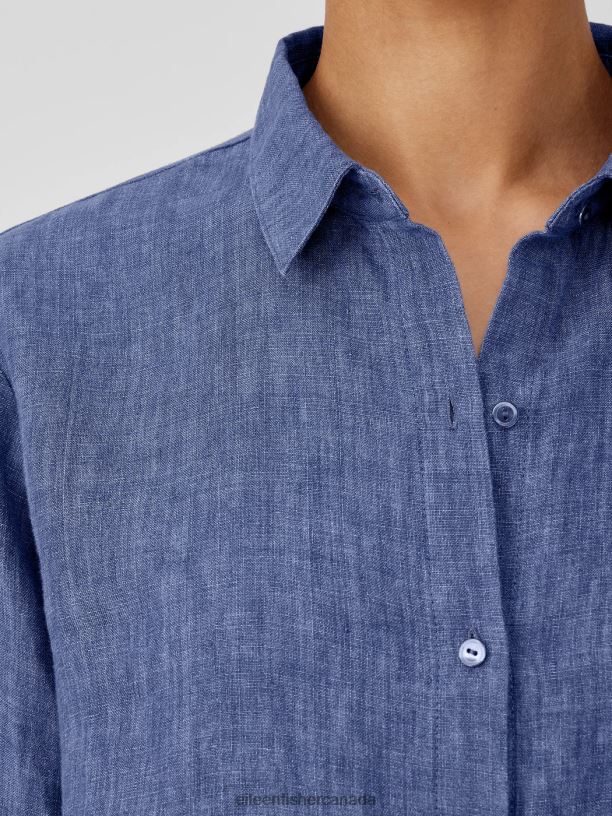 EILEEN FISHER Washed Organic Linen Delave Classic Collar Shirt Easy Fit Long Length Women BLUEBERRY Clothing 024FN103