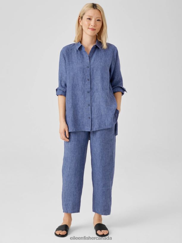 EILEEN FISHER Washed Organic Linen Delave Classic Collar Shirt Easy Fit Long Length Women BLUEBERRY Clothing 024FN103