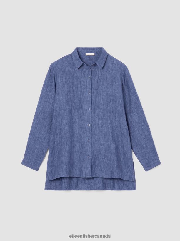EILEEN FISHER Washed Organic Linen Delave Classic Collar Shirt Easy Fit Long Length Women BLUEBERRY Clothing 024FN103