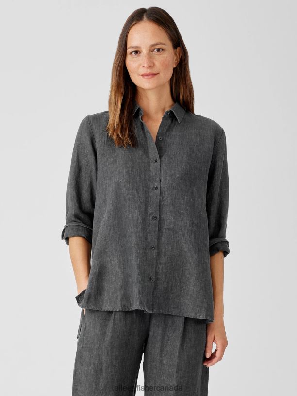 EILEEN FISHER Washed Organic Linen Delave Classic Collar Shirt Easy Fit Long Length Women GRAPHITE Clothing 024FN100