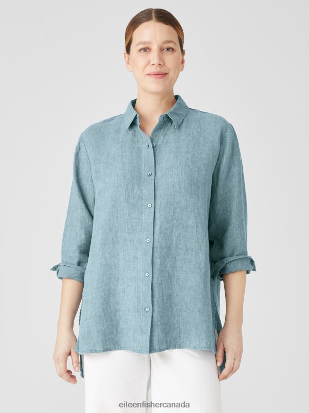 EILEEN FISHER Washed Organic Linen Delave Classic Collar Shirt Easy Fit Long Length Women GRAPHITE Clothing 024FN99