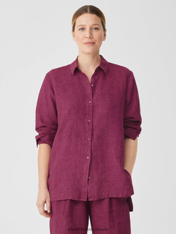 EILEEN FISHER Washed Organic Linen Delave Classic Collar Shirt Easy Fit Long Length Women RASPBERRY Clothing 024FN102
