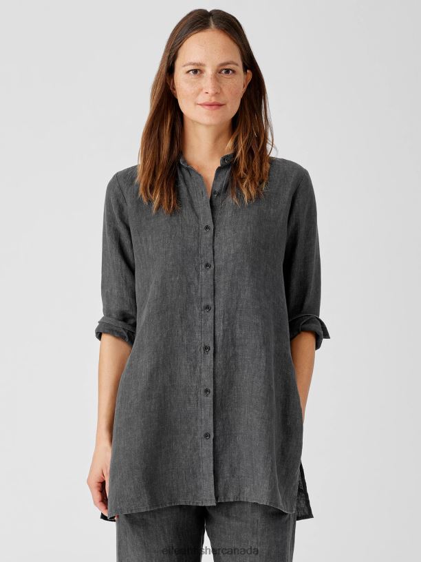 EILEEN FISHER Washed Organic Linen Delave Mandarin Collar Shirt Easy Fit Thigh Length Women GRAPHITE Clothing 024FN104