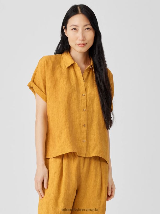 EILEEN FISHER Washed Organic Linen Delave Short-Sleeve Shirt Boxy Fit Short Length Women MARIGOLD Clothing 024FN108