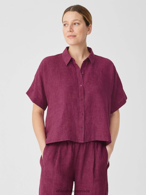 EILEEN FISHER Washed Organic Linen Delave Short-Sleeve Shirt Boxy Fit Short Length Women RASPBERRY Clothing 024FN107