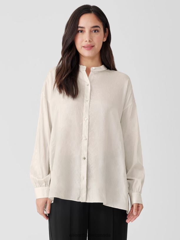 EILEEN FISHER Washed Silk Tussah Mandarin Collar Shirt Boxy Fit Long Length Women BONE Clothing 024FN186