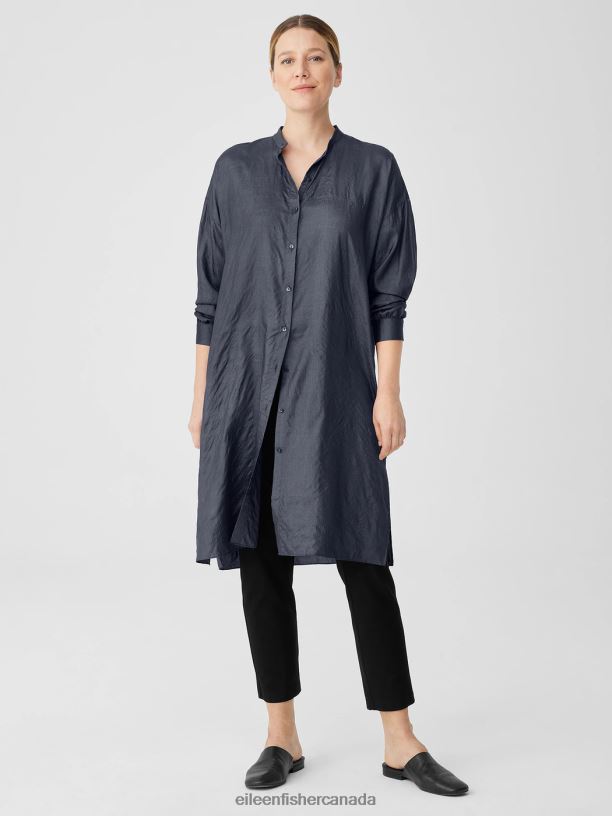 EILEEN FISHER Washed Silk Tussah Mandarin Collar Shirtdress Boxy Fit Knee Length Women BONE Clothing 024FN183
