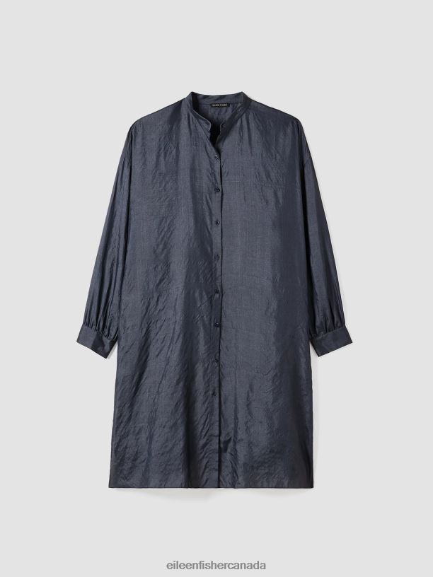 EILEEN FISHER Washed Silk Tussah Mandarin Collar Shirtdress Boxy Fit Knee Length Women BONE Clothing 024FN183