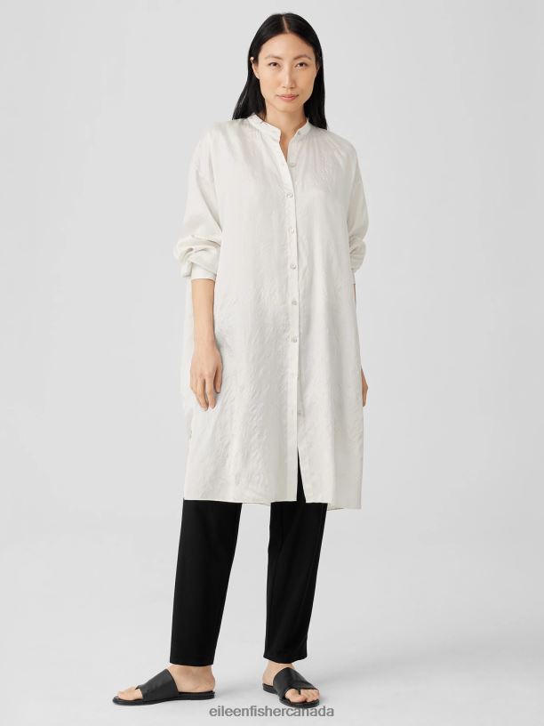 EILEEN FISHER Washed Silk Tussah Mandarin Collar Shirtdress Boxy Fit Knee Length Women BONE Clothing 024FN184