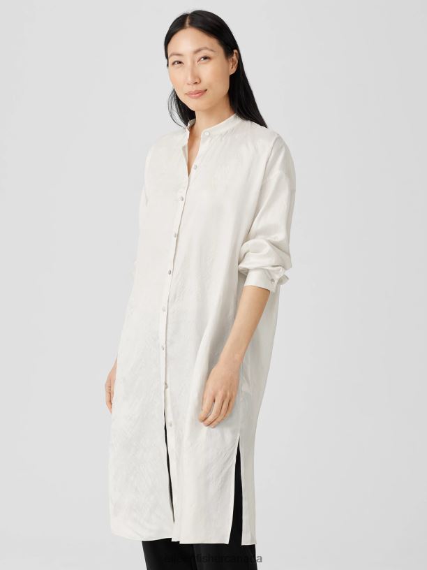 EILEEN FISHER Washed Silk Tussah Mandarin Collar Shirtdress Boxy Fit Knee Length Women BONE Clothing 024FN184