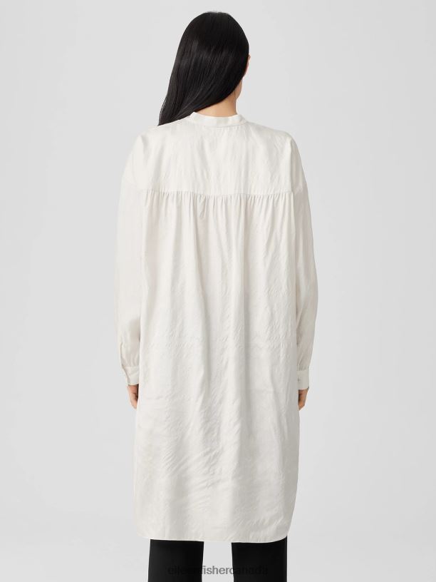EILEEN FISHER Washed Silk Tussah Mandarin Collar Shirtdress Boxy Fit Knee Length Women BONE Clothing 024FN184