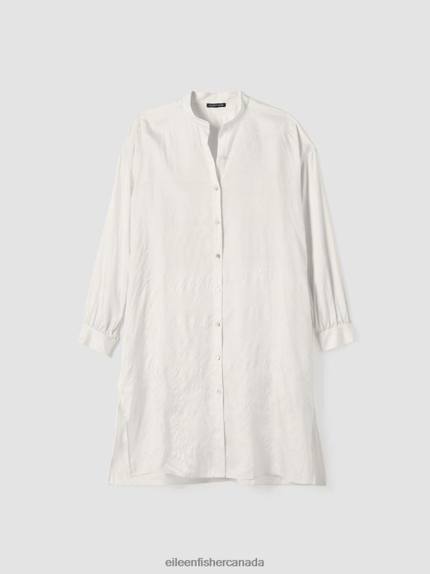 EILEEN FISHER Washed Silk Tussah Mandarin Collar Shirtdress Boxy Fit Knee Length Women BONE Clothing 024FN184