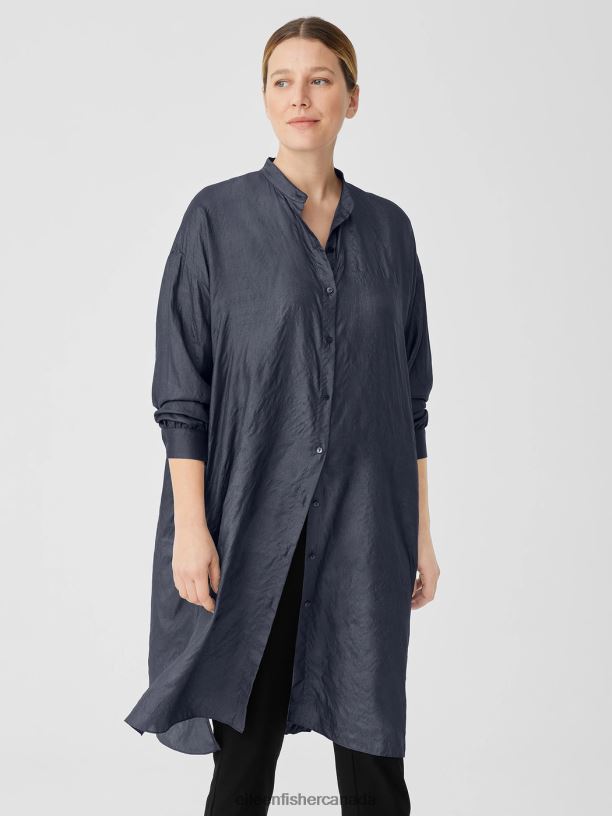 EILEEN FISHER Washed Silk Tussah Mandarin Collar Shirtdress Boxy Fit Knee Length Women OCEAN Clothing 024FN185