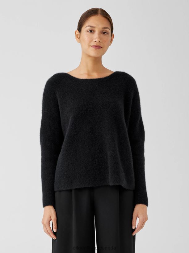 EILEEN FISHER Cashmere Silk Bliss Boatneck Top Boxy Fit Short Length Women BLACK Clothing 024FN452