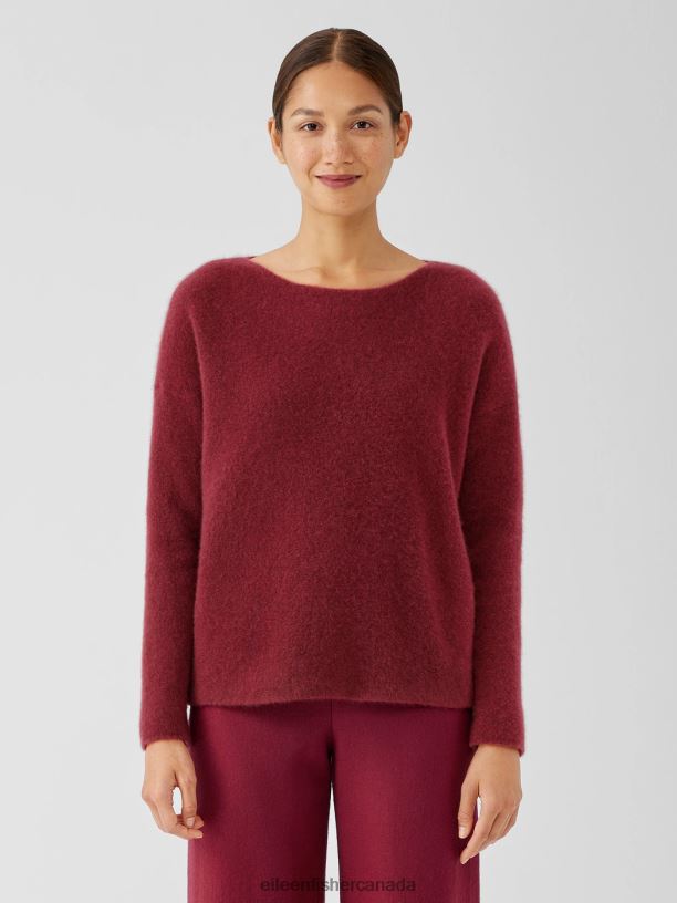EILEEN FISHER Cashmere Silk Bliss Boatneck Top Boxy Fit Short Length Women DEEP CLARET Clothing 024FN456