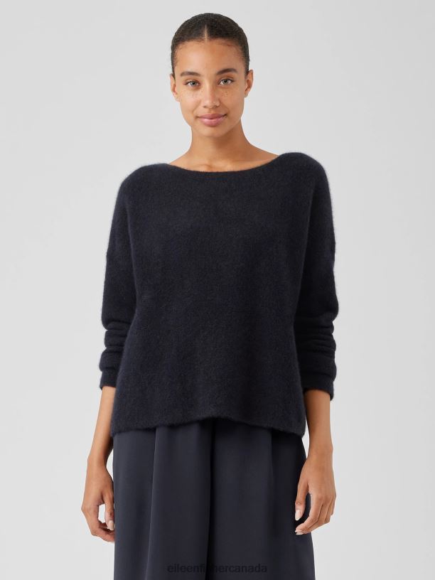 EILEEN FISHER Cashmere Silk Bliss Boatneck Top Boxy Fit Short Length Women NOCTURNE Clothing 024FN455