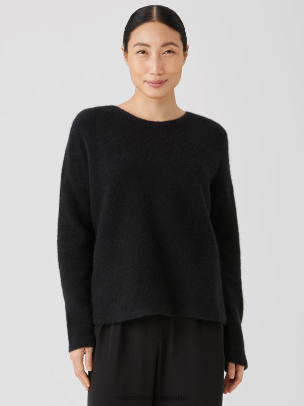 EILEEN FISHER Cashmere Silk Bliss Crew Neck Top Boxy Fit Short Length Women BLACK Clothing 024FN476