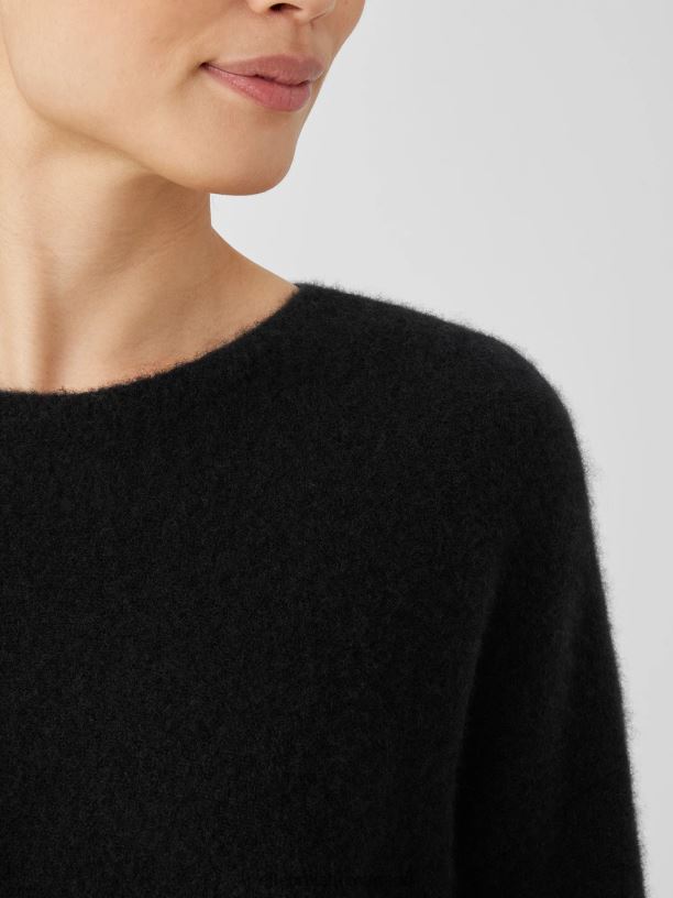 EILEEN FISHER Cashmere Silk Bliss Crew Neck Top Boxy Fit Short Length Women BLACK Clothing 024FN476