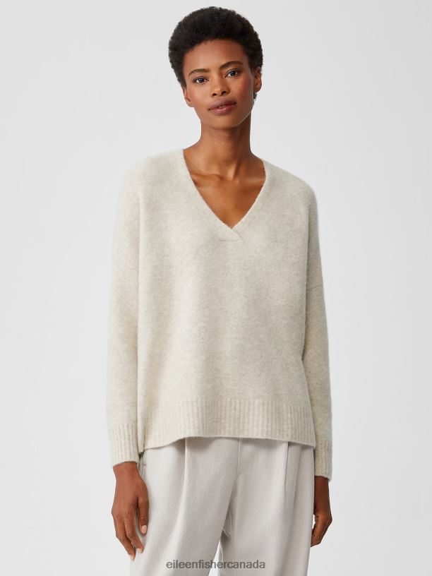 EILEEN FISHER Cashmere Silk Bliss V-Neck Top Boxy Fit Basic Length Women MAPLE OAT Clothing 024FN490
