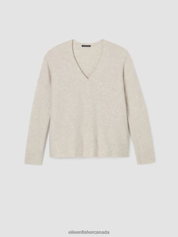EILEEN FISHER Cashmere Silk Bliss V-Neck Top Boxy Fit Basic Length Women MAPLE OAT Clothing 024FN490
