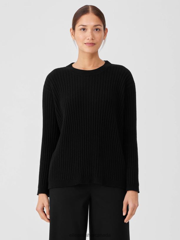 EILEEN FISHER Italian Cashmere Crew Neck Top Boxy Fit Basic Length Women BLACK Clothing 024FN422