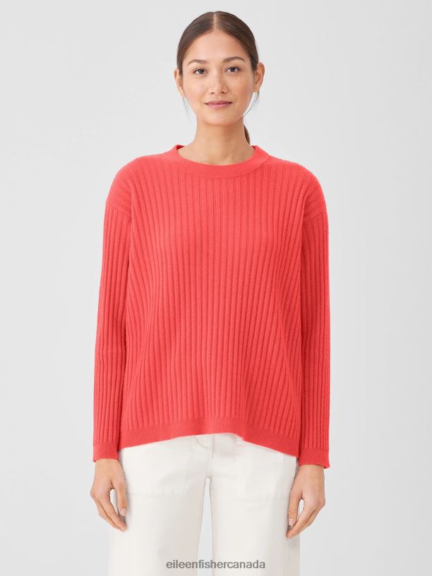 EILEEN FISHER Italian Cashmere Crew Neck Top Boxy Fit Basic Length Women WATERMELON Clothing 024FN425