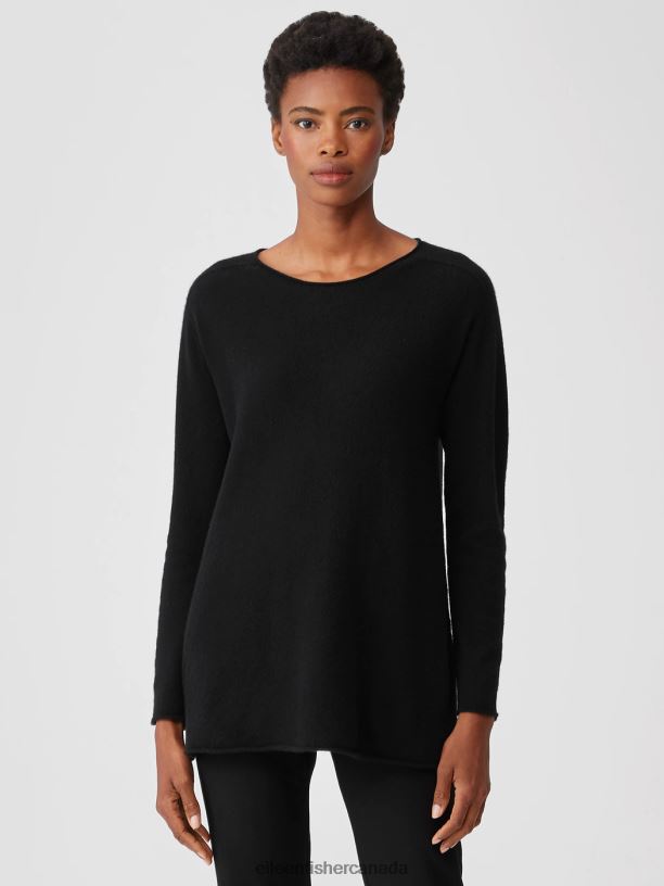 EILEEN FISHER Italian Cashmere Crew Neck Top Easy Fit Long Length Women BLACK Clothing 024FN488
