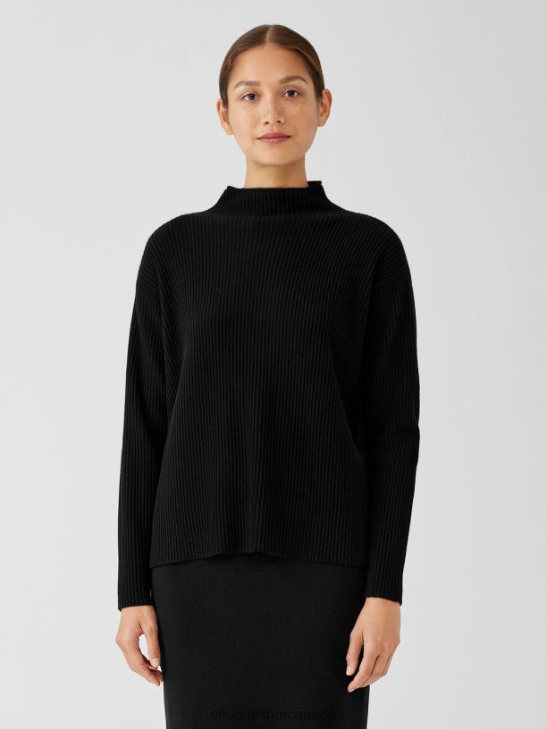 EILEEN FISHER Italian Cashmere Funnel Neck Top Boxy Fit Basic Length Women BLACK Clothing 024FN458
