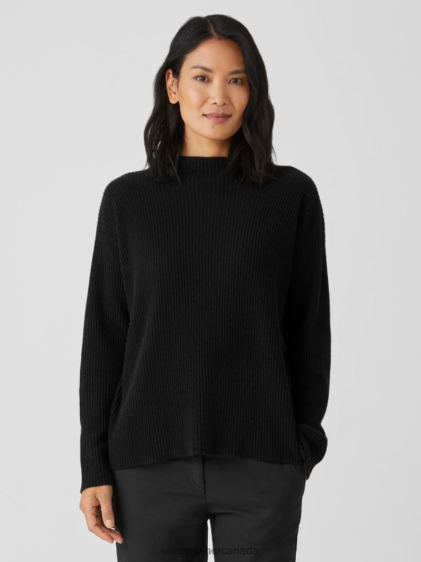 EILEEN FISHER Italian Cashmere Funnel Neck Top Boxy Fit Basic Length Women BLACK Clothing 024FN464