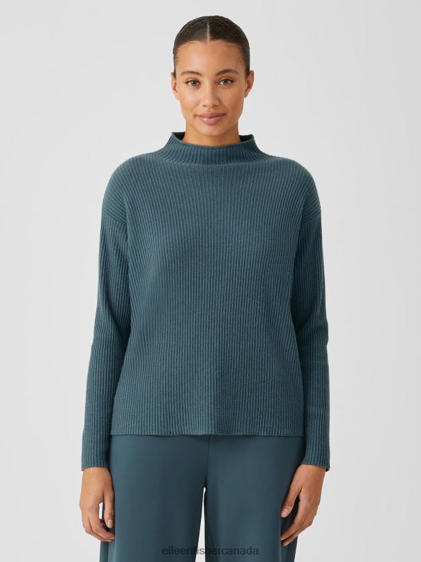 EILEEN FISHER Italian Cashmere Funnel Neck Top Boxy Fit Basic Length Women EUCALYPTUS Clothing 024FN465