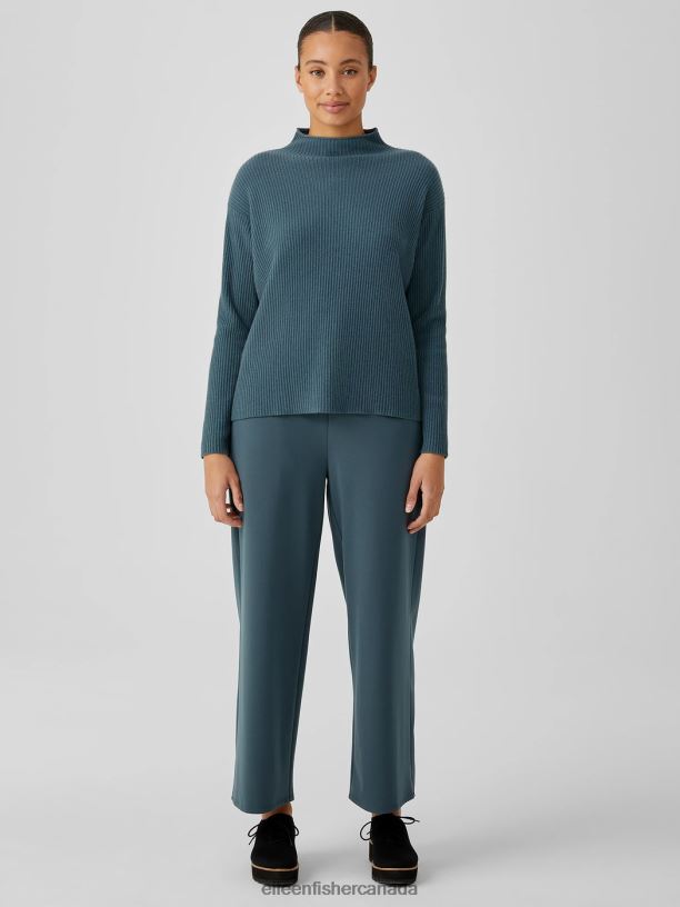 EILEEN FISHER Italian Cashmere Funnel Neck Top Boxy Fit Basic Length Women EUCALYPTUS Clothing 024FN465