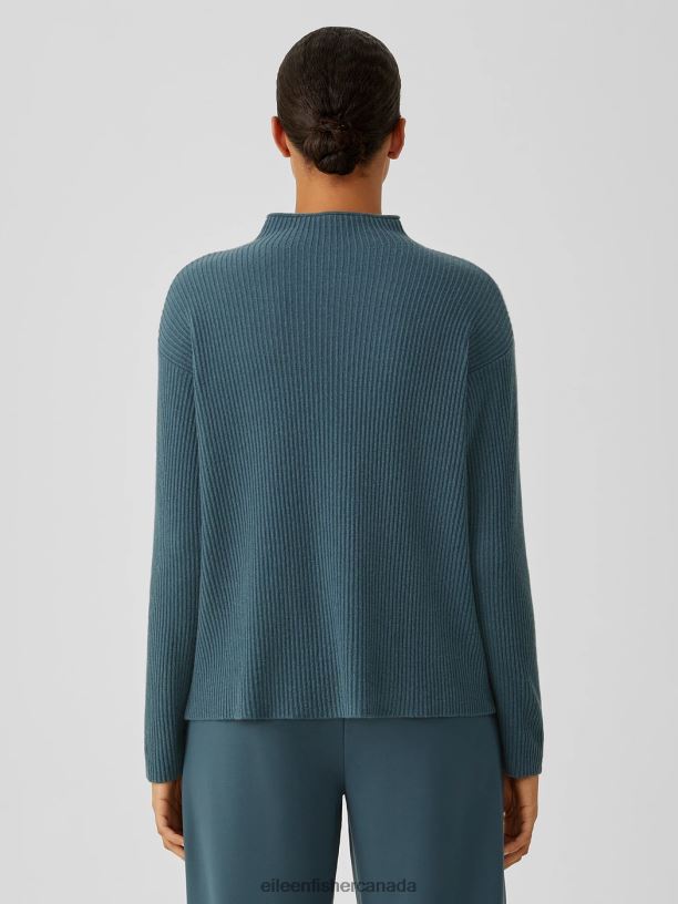 EILEEN FISHER Italian Cashmere Funnel Neck Top Boxy Fit Basic Length Women EUCALYPTUS Clothing 024FN465