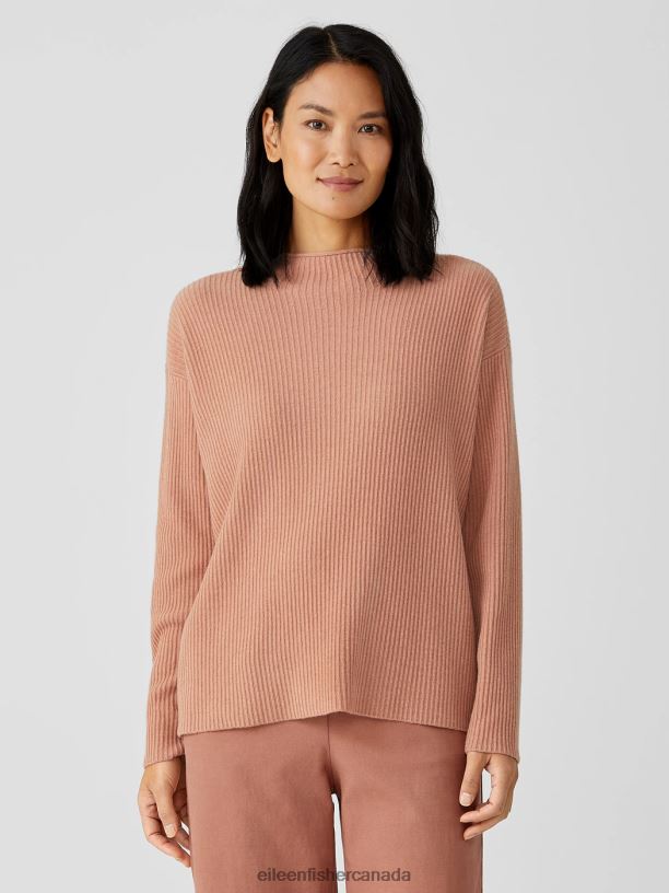 EILEEN FISHER Italian Cashmere Funnel Neck Top Boxy Fit Basic Length Women LIGHT TERRA COTTA Clothing 024FN466