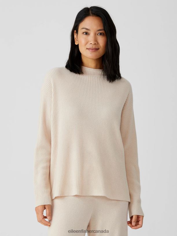 EILEEN FISHER Italian Cashmere Funnel Neck Top Boxy Fit Basic Length Women SAND Clothing 024FN467