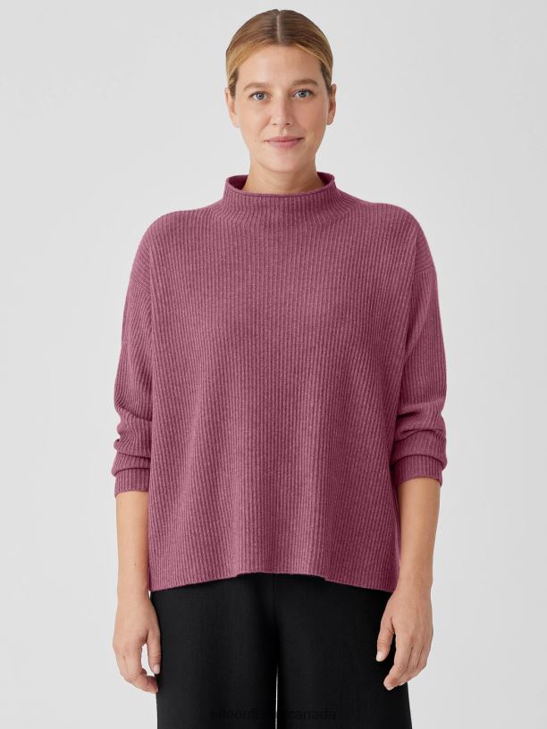 EILEEN FISHER Italian Cashmere Funnel Neck Top Boxy Fit Basic Length Women TEA ROSE Clothing 024FN459
