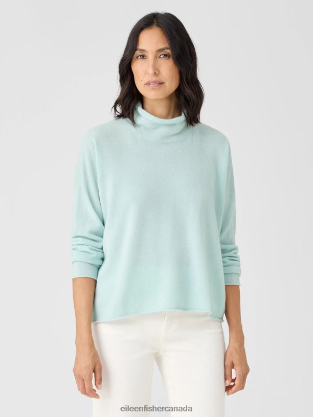 EILEEN FISHER Italian Cashmere Scrunch Neck Top Boxy Fit Short Length Women ARCTIC BLUE Clothing 024FN463