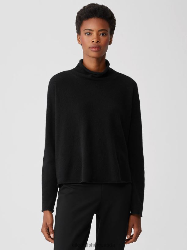 EILEEN FISHER Italian Cashmere Scrunch Neck Top Boxy Fit Short Length Women BLACK Clothing 024FN460