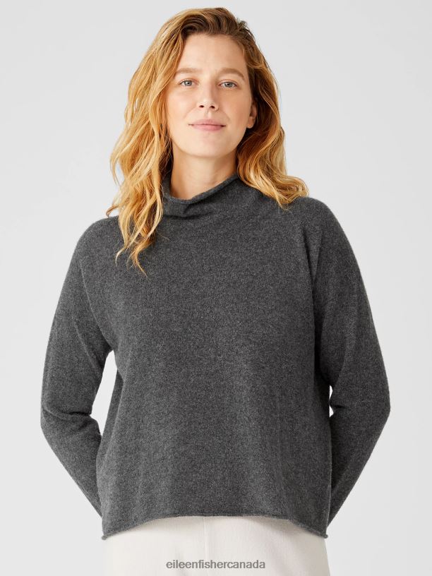 EILEEN FISHER Italian Cashmere Scrunch Neck Top Boxy Fit Short Length Women CHARCOAL Clothing 024FN461