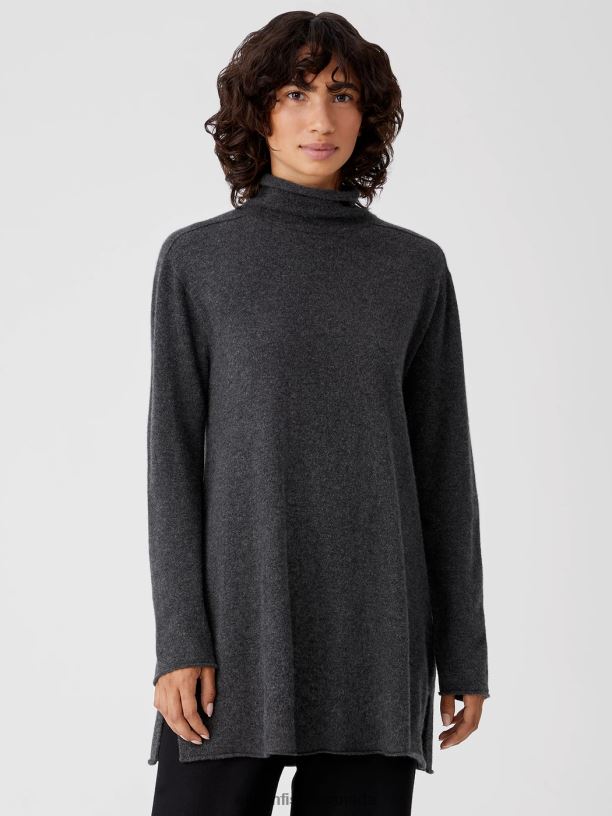 EILEEN FISHER Italian Cashmere Turtleneck Long Top Easy Fit Thigh Length Women BLACK Clothing 024FN473