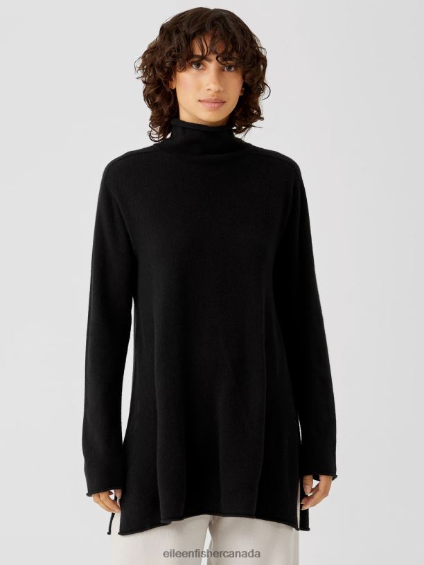 EILEEN FISHER Italian Cashmere Turtleneck Long Top Easy Fit Thigh Length Women BLACK Clothing 024FN474