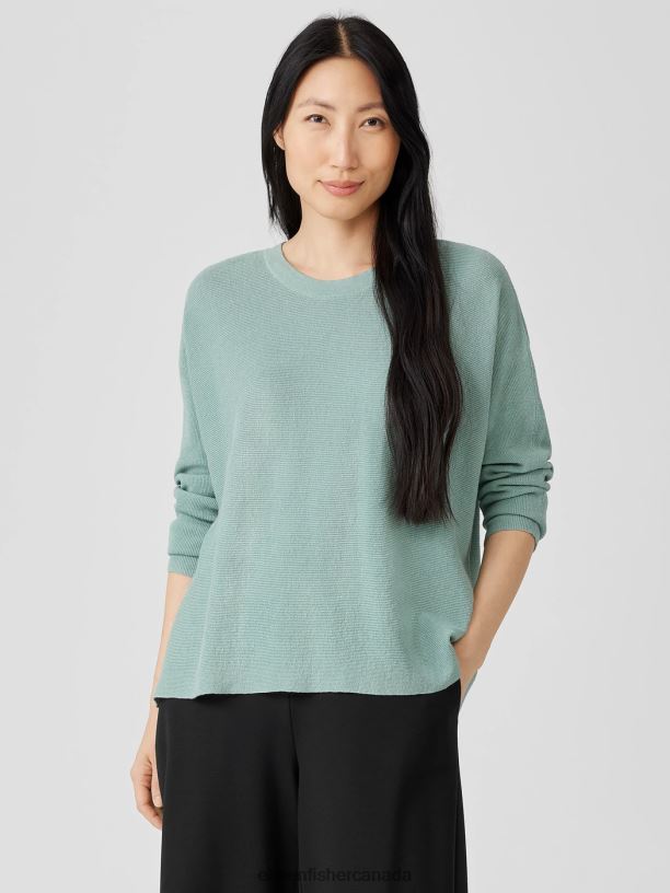 EILEEN FISHER Linen Crepe Stretch Crew Neck Top Boxy Fit Short Length Women ABSINTHE Clothing 024FN443