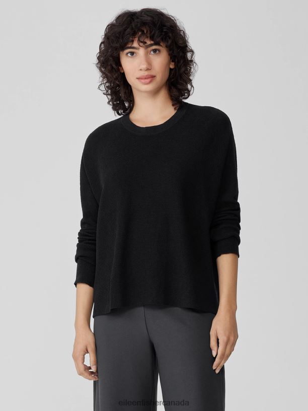 EILEEN FISHER Linen Crepe Stretch Crew Neck Top Boxy Fit Short Length Women BLACK Clothing 024FN441