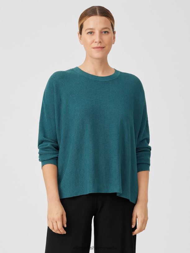EILEEN FISHER Linen Crepe Stretch Crew Neck Top Boxy Fit Short Length Women JEWEL Clothing 024FN442