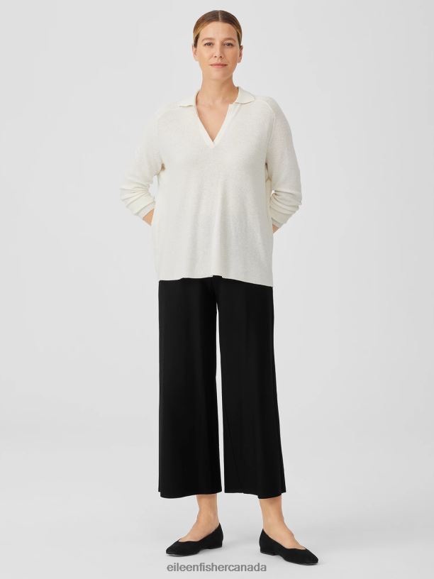 EILEEN FISHER Linen Crepe Stretch Top Boxy Fit Long Length Women IVORY Clothing 024FN427