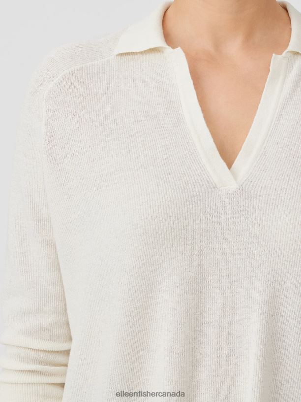 EILEEN FISHER Linen Crepe Stretch Top Boxy Fit Long Length Women IVORY Clothing 024FN427